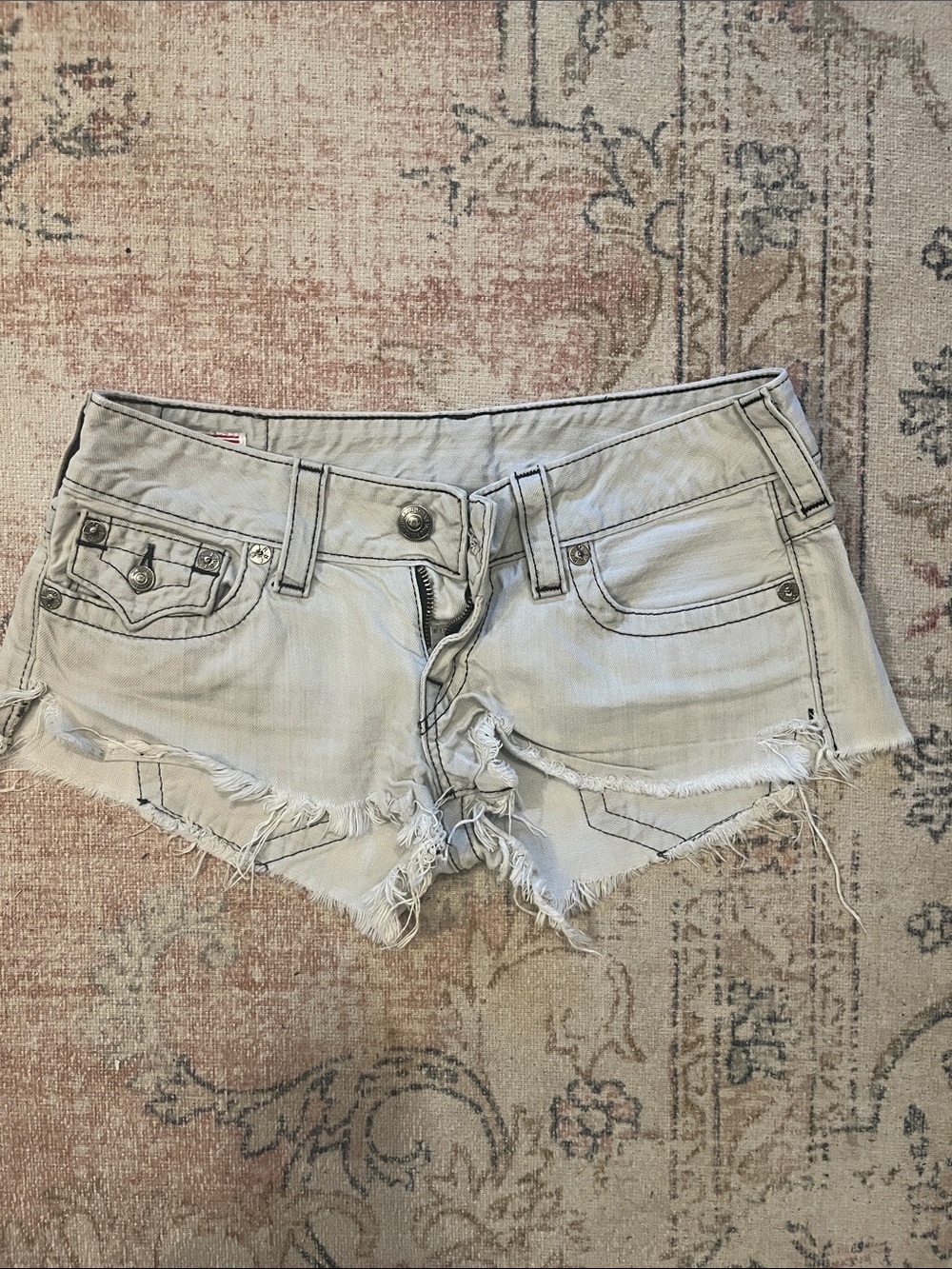 True Religion- Joey- Grey Distressed Denim Cutoff Shorts - Picture 3 of 6